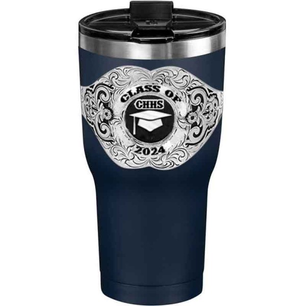 A customized tumbler made of stainless steel with a personalized engraved Class of 2024 lettering with graduate cap figure, 30 oz, ideal for coffee or cool drinks